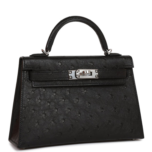 Hermes Kelly Sellier 20 Black Ostrich Palladium Hardware