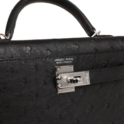 Hermes Kelly Sellier 20 Black Ostrich Palladium Hardware