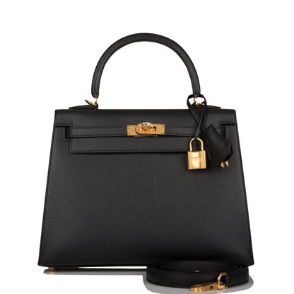 Hermes Kelly Sellier 25 Black Epsom Gold Hardware