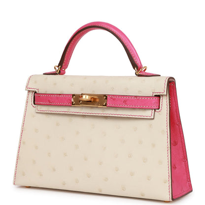 Hermes Special Order (HSS) Kelly Sellier 20 Beton and Rose Tyrien Ostrich Gold Hardware