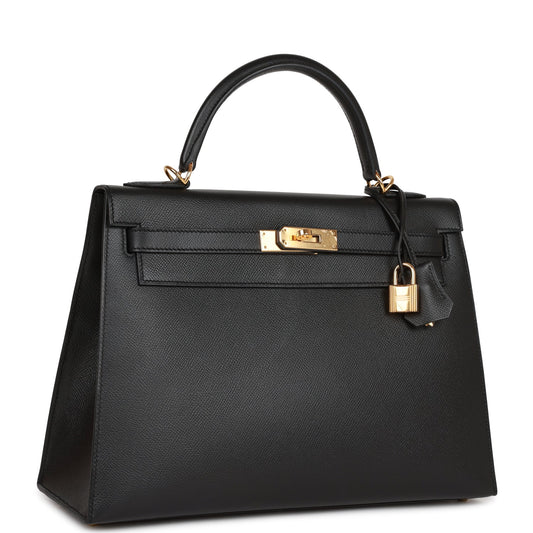 Hermes Kelly Sellier 32 Black Epsom Gold Hardware