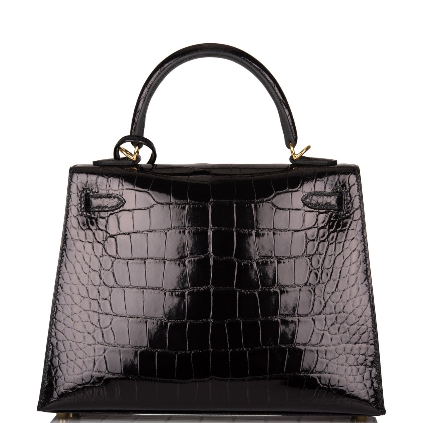 Hermes Kelly Sellier 25 Black Shiny Alligator Gold Hardware