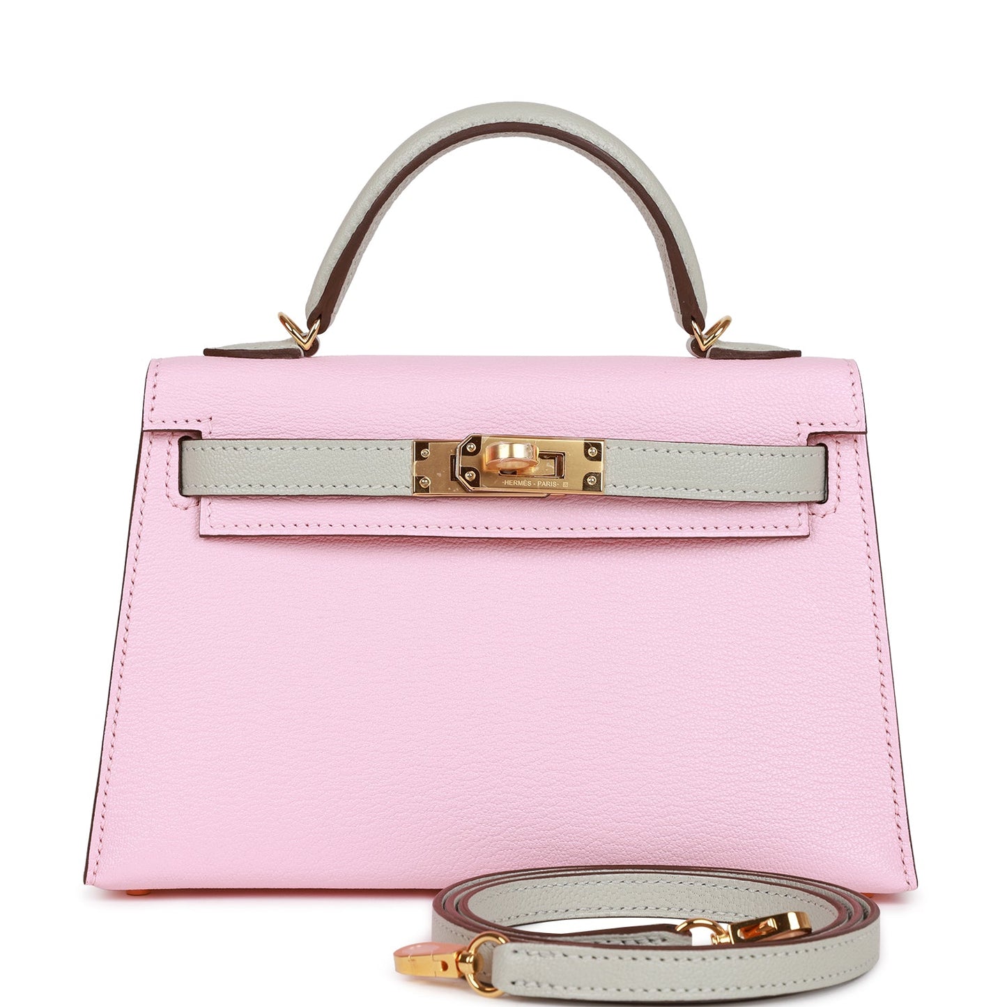 Hermes Special Order (HSS) Kelly Sellier 20 Rose Sakura and Gris Perle Chevre Gold Hardware