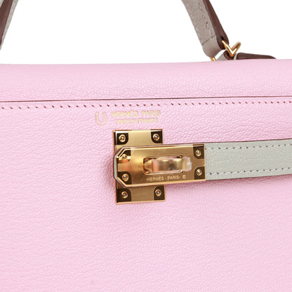 Hermes Special Order (HSS) Kelly Sellier 20 Rose Sakura and Gris Perle Chevre Gold Hardware