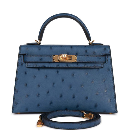 Hermes Kelly Sellier 20 Bleu Iris Ostrich Gold Hardware