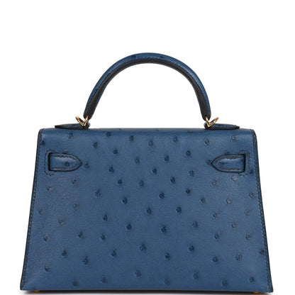 Hermes Kelly Sellier 20 Bleu Iris Ostrich Gold Hardware