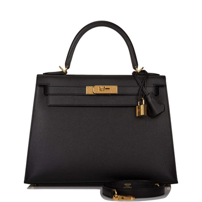 Hermes Kelly Sellier 28 Black Epsom Gold Hardware