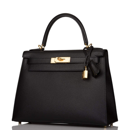 Hermes Kelly Sellier 28 Black Epsom Gold Hardware