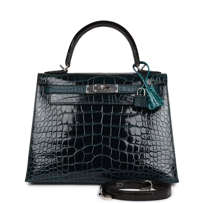 Hermes Kelly Sellier 28 Tri-color Black, Vert Rousseau and Vert Bosphore Shiny and Matte Alligator Palladium Hardware