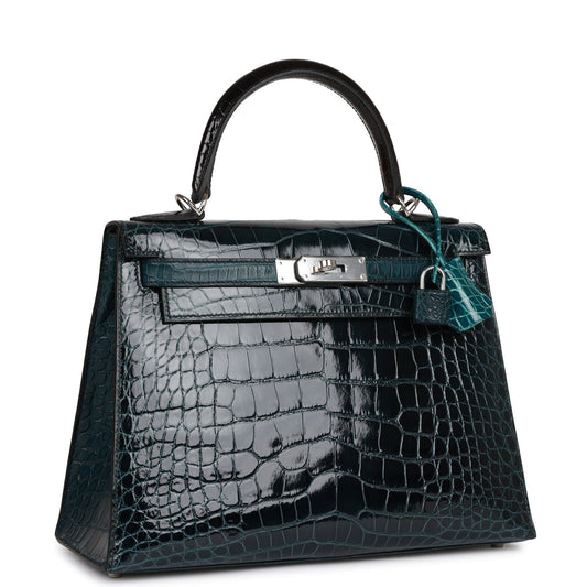 Hermes Kelly Sellier 28 Tri-color Black, Vert Rousseau and Vert Bosphore Shiny and Matte Alligator Palladium Hardware