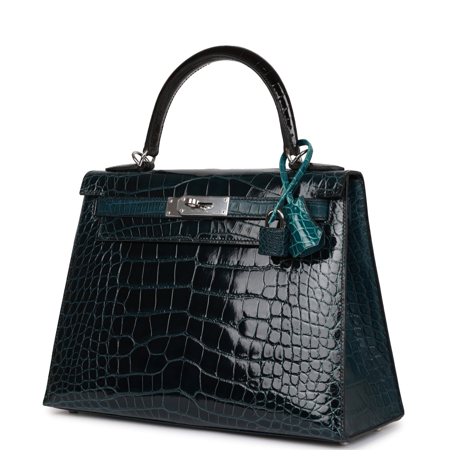 Hermes Kelly Sellier 28 Tri-color Black, Vert Rousseau and Vert Bosphore Shiny and Matte Alligator Palladium Hardware