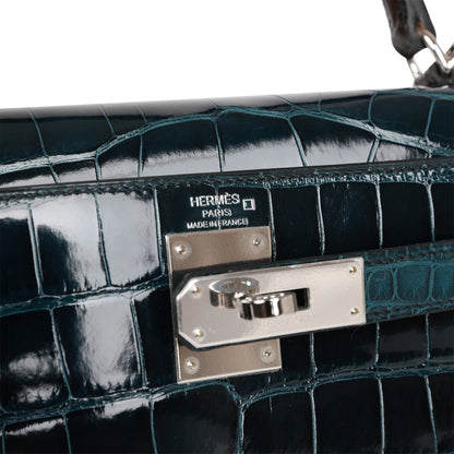 Hermes Kelly Sellier 28 Tri-color Black, Vert Rousseau and Vert Bosphore Shiny and Matte Alligator Palladium Hardware