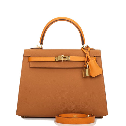 Hermes Special Order (HSS) Kelly Sellier 25 Gold and Apricot Epsom Gold Hardware