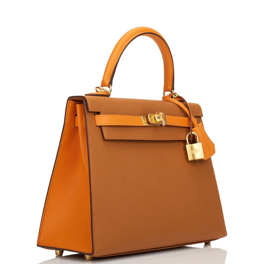 Hermes Special Order (HSS) Kelly Sellier 25 Gold and Apricot Epsom Gold Hardware