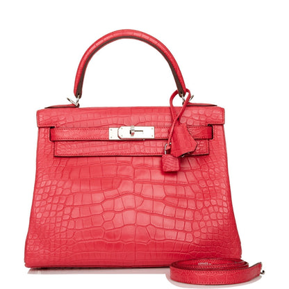 Hermes Kelly Retourne 28 Rose Extreme Matte Alligator Palladium Hardware