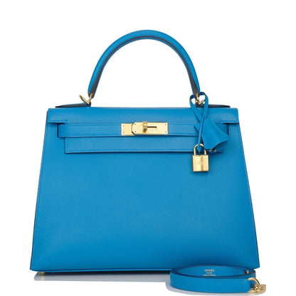 Hermes Kelly Sellier 28 Bleu Frida Epsom Gold Hardware