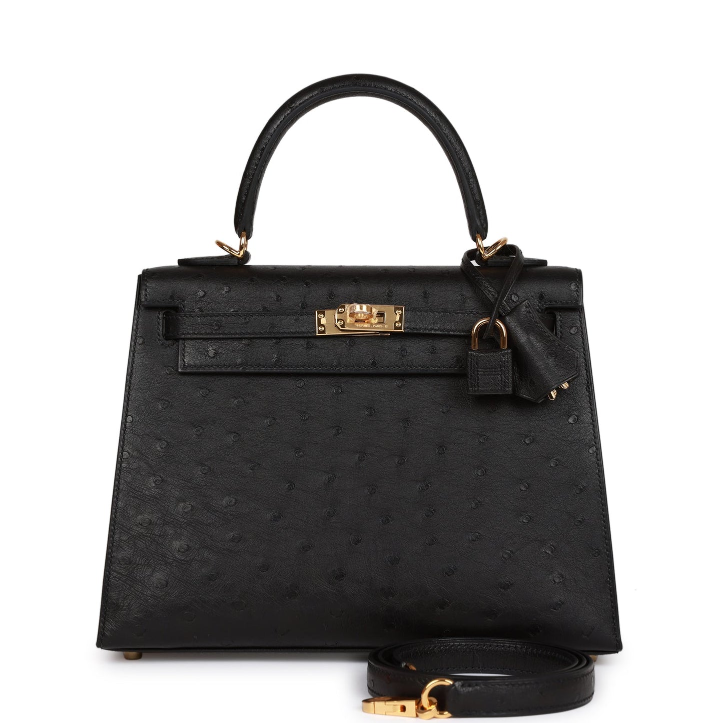 Hermes Kelly Sellier 25 Black Ostrich Gold Hardware