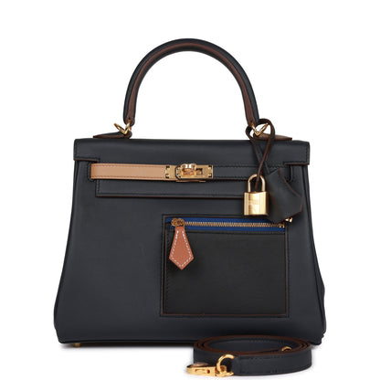 Hermes Colormatic Kelly Retourne 25 Caban, Black and Chai Swift Gold Hardware