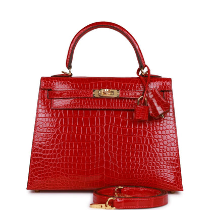 Hermes Kelly Sellier 25 Braise Shiny Porosus Crocodile Gold Hardware