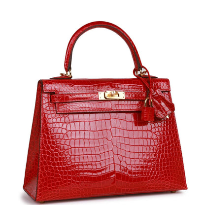 Hermes Kelly Sellier 25 Braise Shiny Porosus Crocodile Gold Hardware