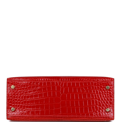 Hermes Kelly Sellier 25 Braise Shiny Porosus Crocodile Gold Hardware