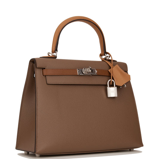 Hermes Kelly Sellier 25 Tri-Color Etoupe, Alezan and Biscuit Epsom Palladium Hardware