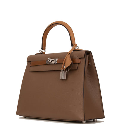 Hermes Kelly Sellier 25 Tri-Color Etoupe, Alezan and Biscuit Epsom Palladium Hardware