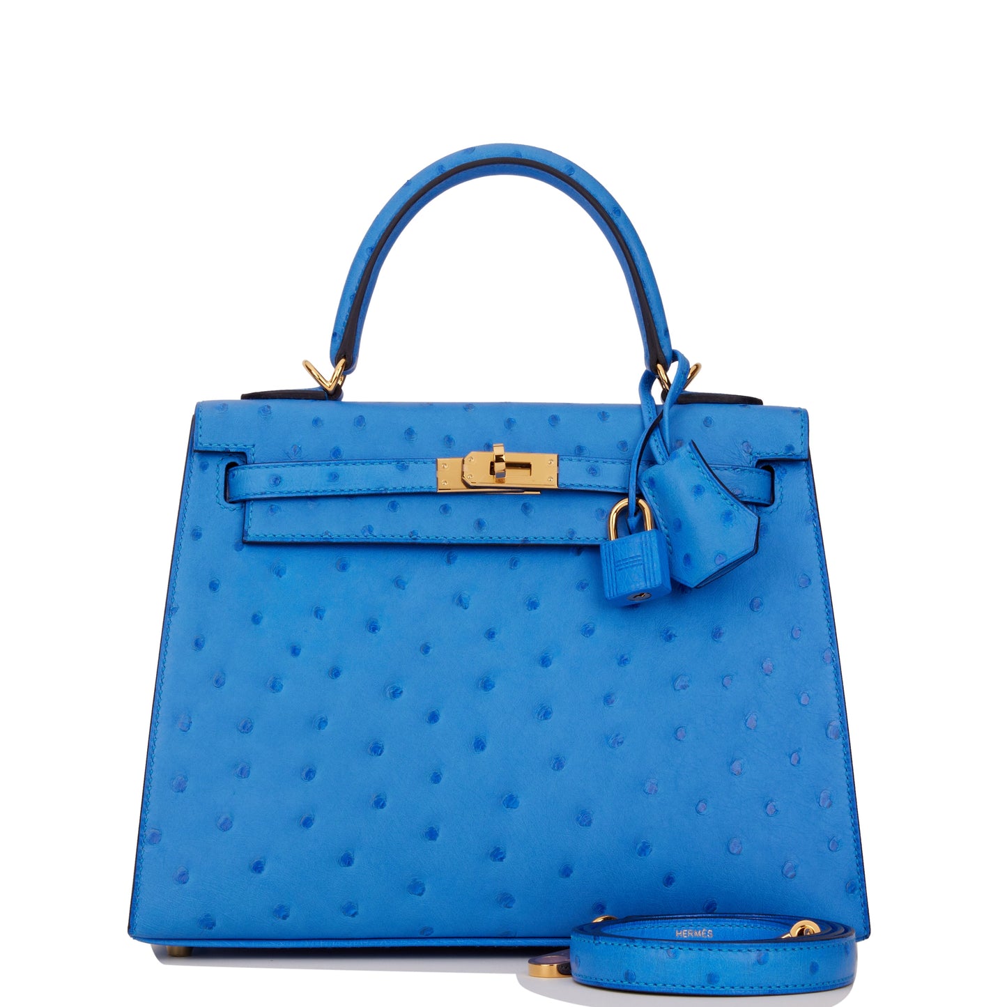 Hermes Kelly Sellier 25 Bleuet Ostrich Gold Hardware