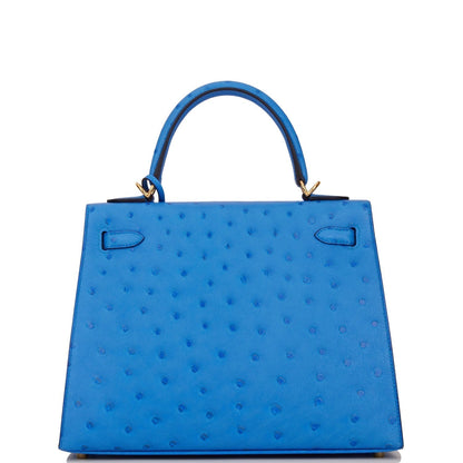 Hermes Kelly Sellier 25 Bleuet Ostrich Gold Hardware