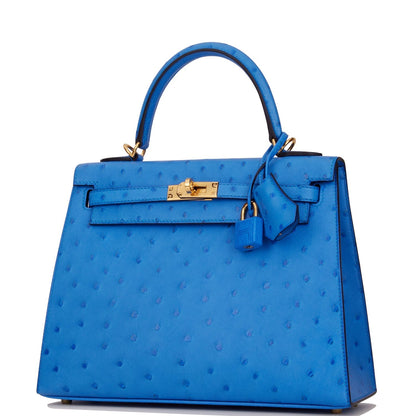 Hermes Kelly Sellier 25 Bleuet Ostrich Gold Hardware