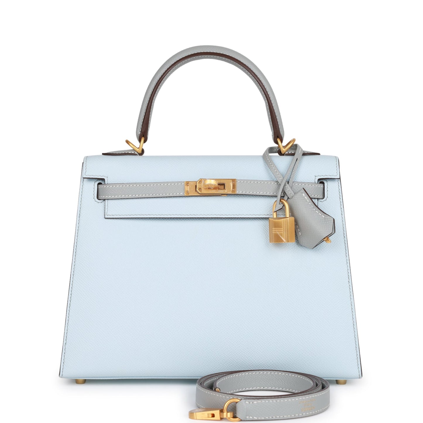 Hermes Special Order (HSS) Kelly Sellier 25 Bleu Brume and Bleu Glacier Epsom Brushed Gold Hardware - Remaining Payment 1