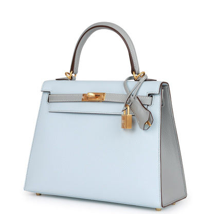 Hermes Special Order (HSS) Kelly Sellier 25 Bleu Brume and Bleu Glacier Epsom Brushed Gold Hardware - Remaining Payment 1