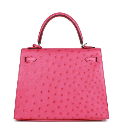 Hermes Special Order (HSS) Kelly Sellier 25 Rose Tyrien Verso Ostrich Palladium Hardware