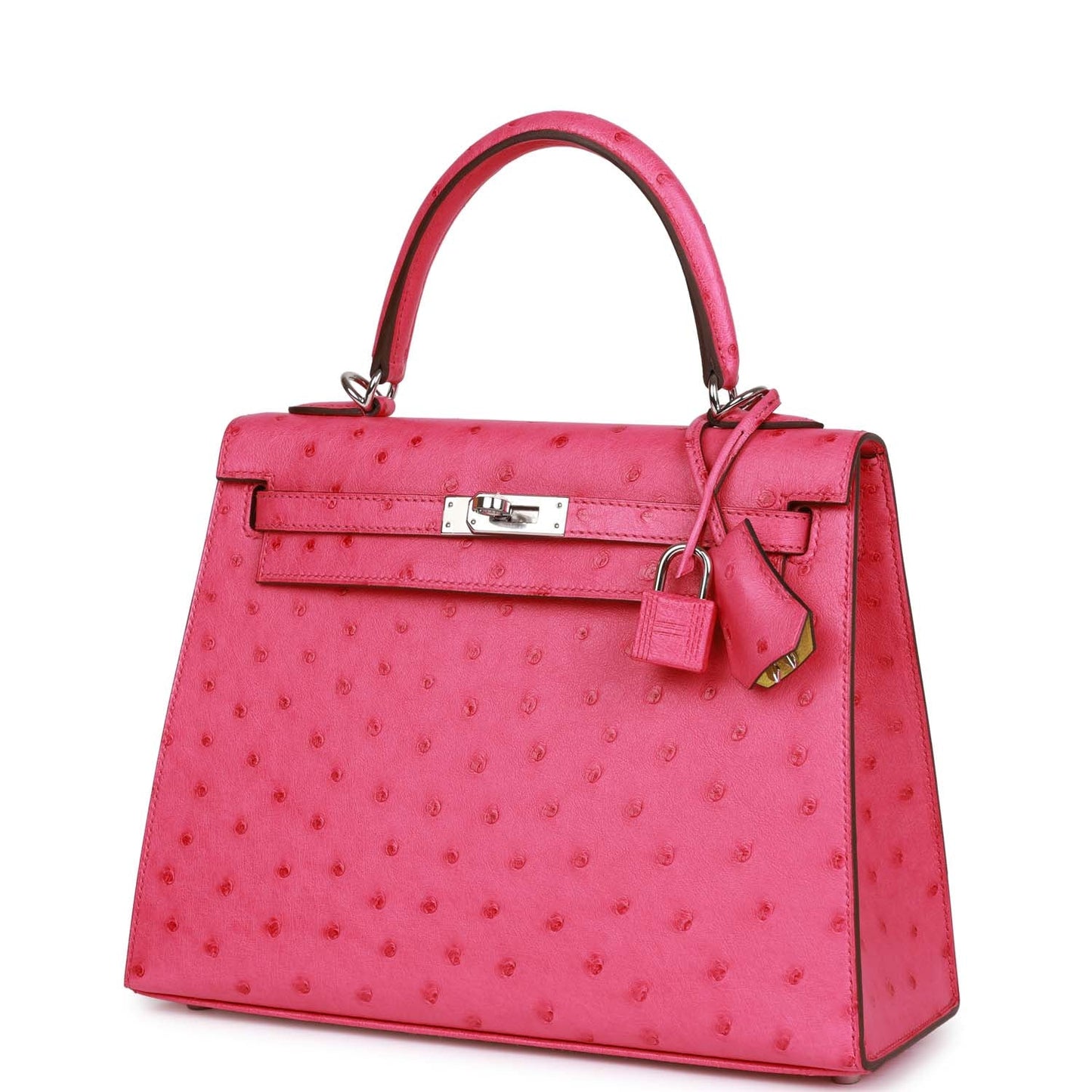 Hermes Special Order (HSS) Kelly Sellier 25 Rose Tyrien Verso Ostrich Palladium Hardware