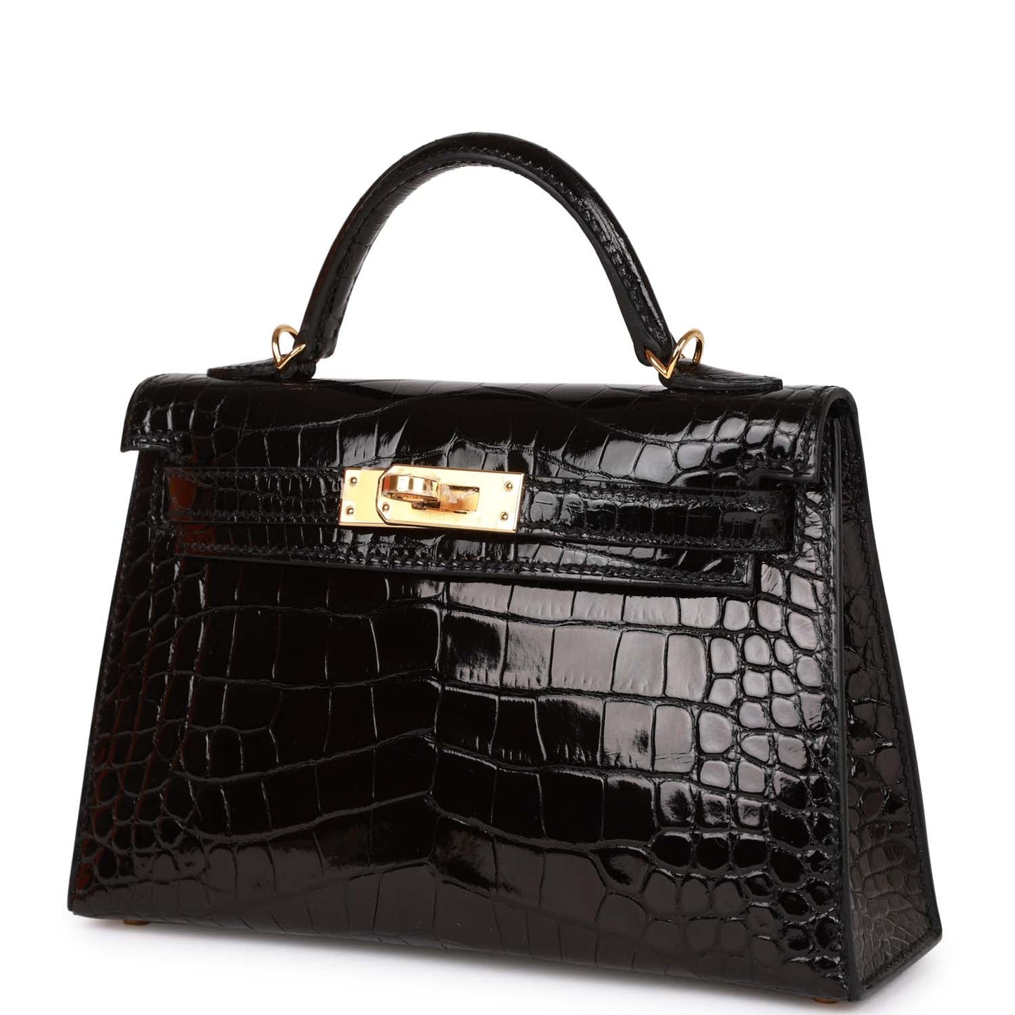 Hermes Kelly Sellier 20 Black Shiny Alligator Gold Hardware