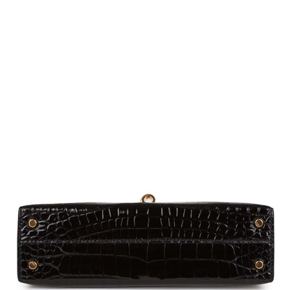 Hermes Kelly Sellier 20 Black Shiny Alligator Gold Hardware