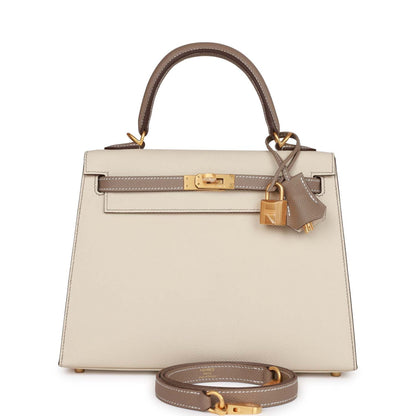 Hermes Special Order (HSS) Kelly Sellier 25 Craie and Gris Asphalte Epsom Brushed Gold Hardware