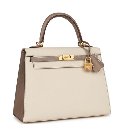 Hermes Special Order (HSS) Kelly Sellier 25 Craie and Gris Asphalte Epsom Brushed Gold Hardware