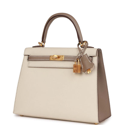 Hermes Special Order (HSS) Kelly Sellier 25 Craie and Gris Asphalte Epsom Brushed Gold Hardware