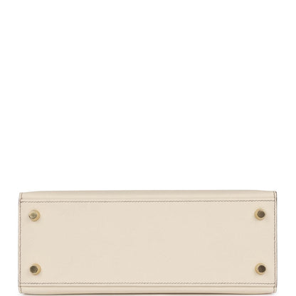 Hermes Special Order (HSS) Kelly Sellier 25 Craie and Gris Asphalte Epsom Brushed Gold Hardware