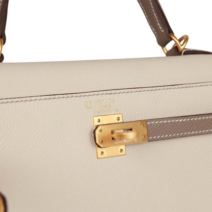 Hermes Special Order (HSS) Kelly Sellier 25 Craie and Gris Asphalte Epsom Brushed Gold Hardware