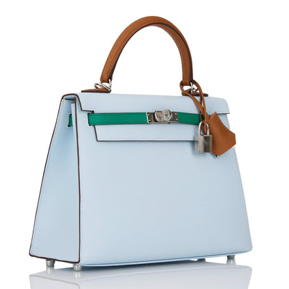 Hermes Kelly Sellier 25 Tri-Color Bleu Brume, Vert Jade and Gold Epsom Palladium Hardware