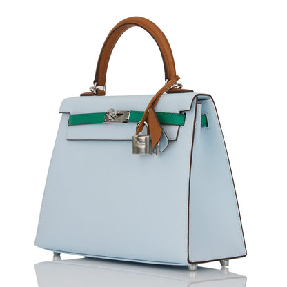 Hermes Kelly Sellier 25 Tri-Color Bleu Brume, Vert Jade and Gold Epsom Palladium Hardware