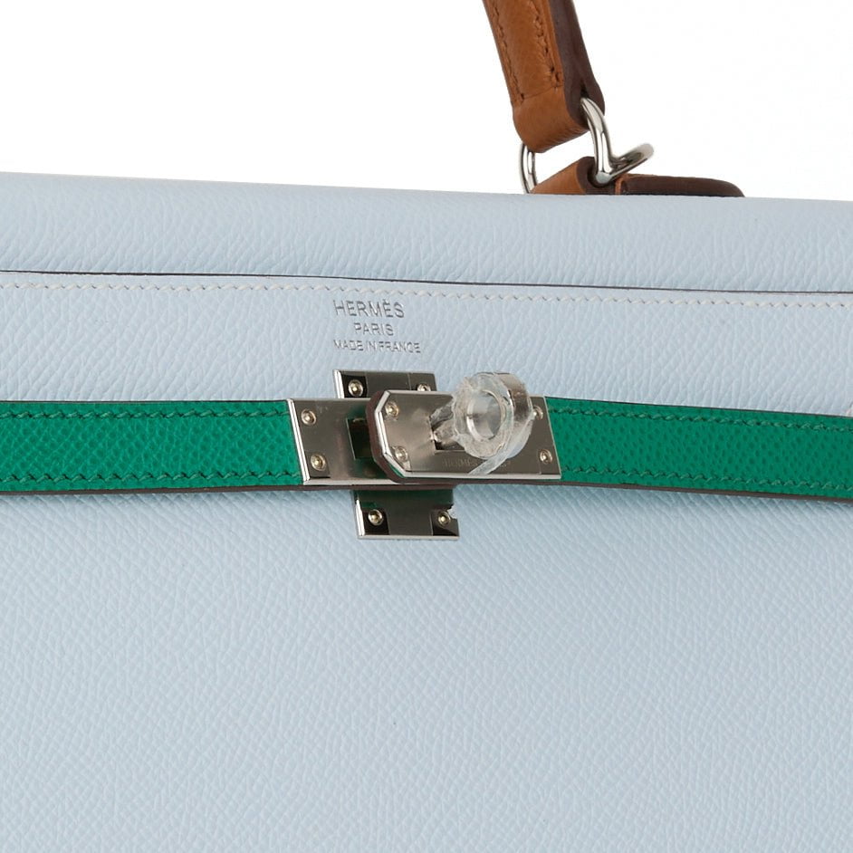 Hermes Kelly Sellier 25 Tri-Color Bleu Brume, Vert Jade and Gold Epsom Palladium Hardware