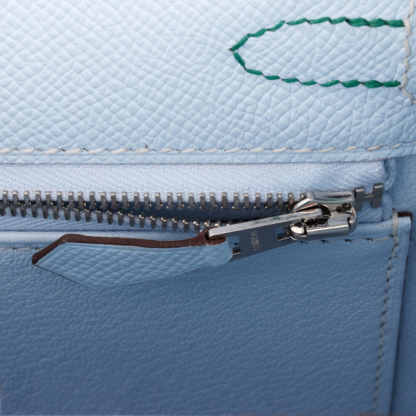 Hermes Kelly Sellier 25 Tri-Color Bleu Brume, Vert Jade and Gold Epsom Palladium Hardware