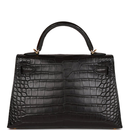 Hermes Kelly Sellier 20 Black Matte Alligator Gold Hardware