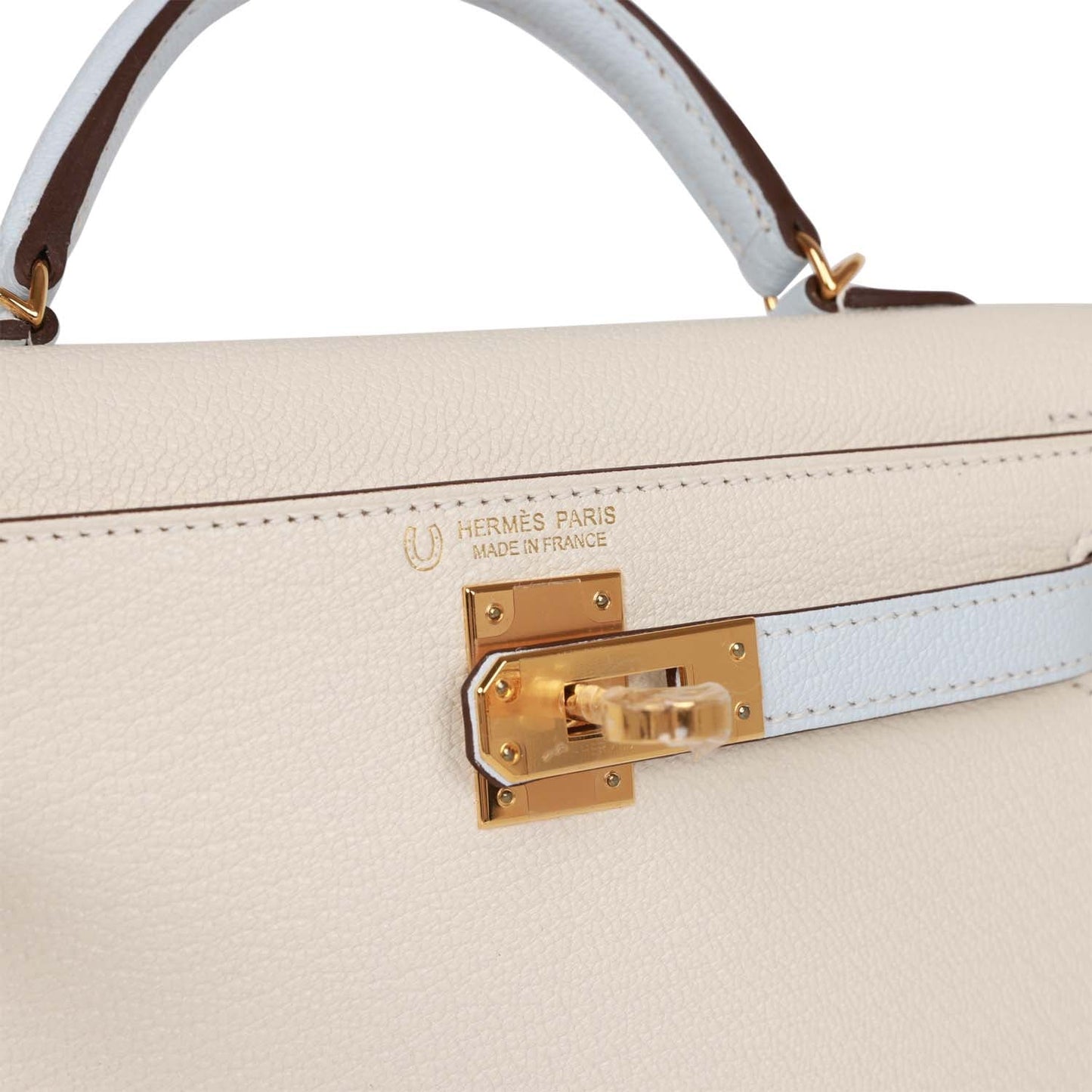 Hermès Special Order (HSS) Kelly 20 Nata and Bleu Brume Chevre Gold Hardware