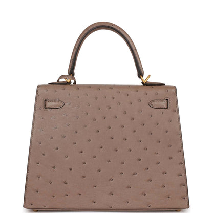 Hermes Special Order (HSS) Kelly Sellier 25 Gris Asphalt Verso Ostrich Brushed Gold Hardware