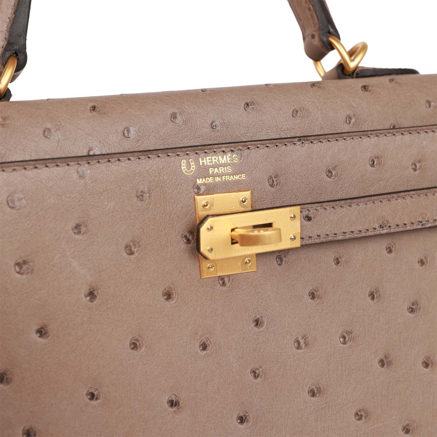 Hermes Special Order (HSS) Kelly Sellier 25 Gris Asphalt Verso Ostrich Brushed Gold Hardware