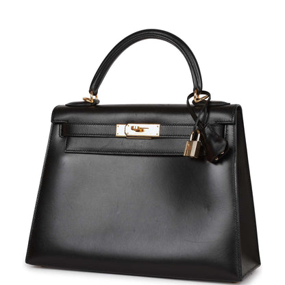 Vintage Hermes Kelly Sellier 28 Black Box Gold Hardware